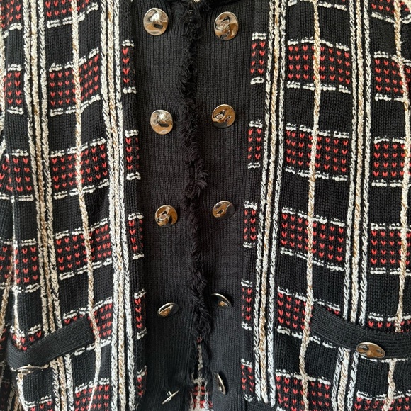 Milly Black Tweed Cardigan Red White Plaid Silver Buttons Size Medium - Picture 4 of 8